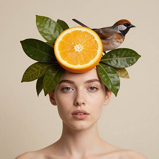 Photograph of a fair-skinned, blue-eyed woman with a bald head, wearing a leafy, orange slice, and bird headdress against a