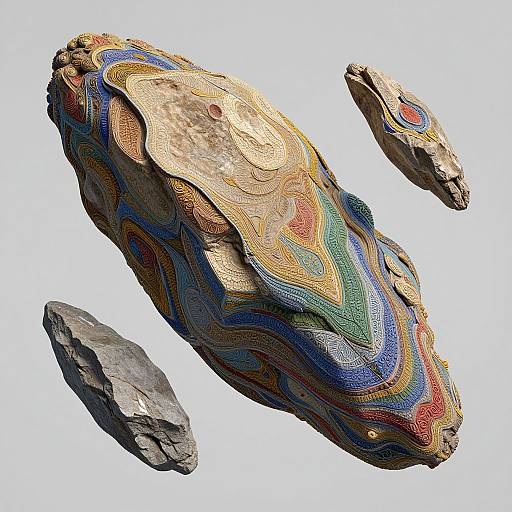 Photograph of three colorful, abstractly patterned meteorites with swirling blue, red, yellow, and green hues, set against a white background.