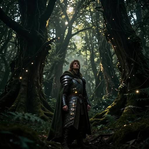 Photorealistic CGI of a bearded, armored warrior standing in a dark, enchanted forest with glowing fireflies, sunlight filtering through trees.