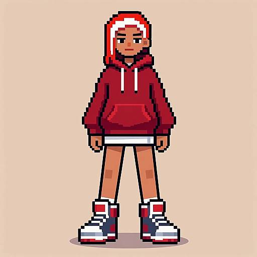 Pixel art of a red-haired girl in a red hoodie, white shorts, and white-red sneakers, standing against a beige background.