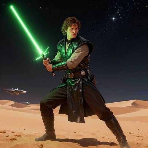 Photorealistic CGI of a young Han Solo in black Jedi robes, holding a glowing green lightsaber, standing in a sandy desert under a starry