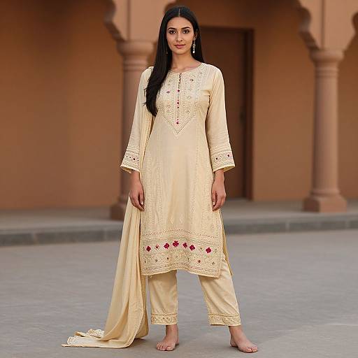 Photograph of a young South Asian woman with long black hair, wearing a cream-colored embroidered salwar kameez, standing barefoot in an orange