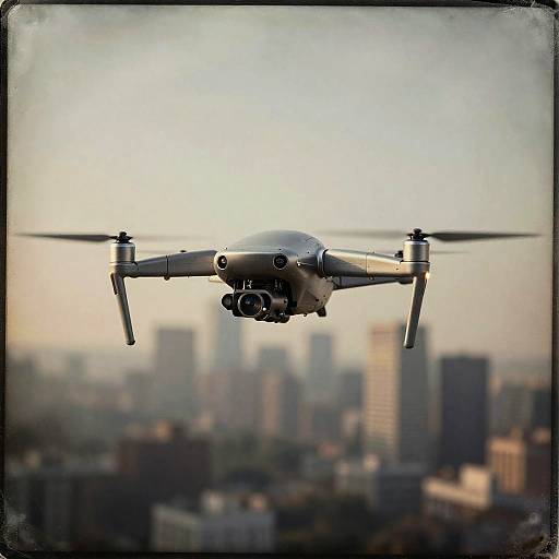Photograph of a sleek, silver drone with four rotors flying over a hazy urban skyline, featuring blurred buildings in the background.