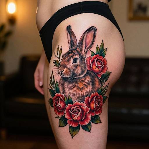 Photograph of a tattooed thigh showing a detailed, colorful rabbit with red roses and green leaves on pale skin, wearing black panties, in a dim