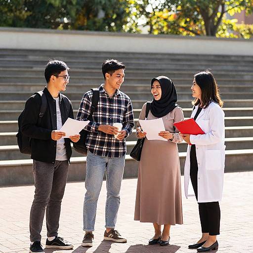Sunlit Asian Students on Campus Patio