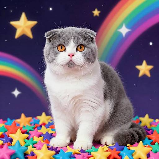 Photograph of a grey and white British Shorthair cat with orange eyes, sitting on a colorful star-covered surface, with a vivid rainbow and stars