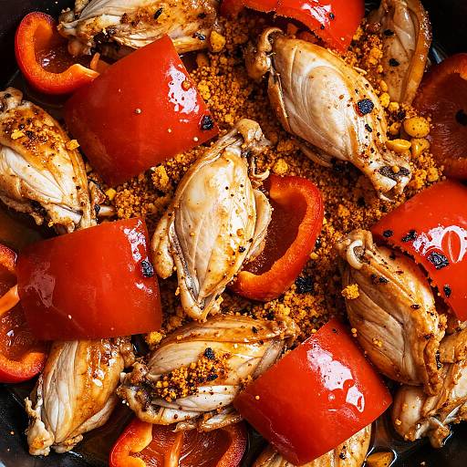 Close-up photograph of cooked mussels with vibrant red bell peppers, seasoned with orange spice and black pepper, showcasing glossy textures and rich colors.