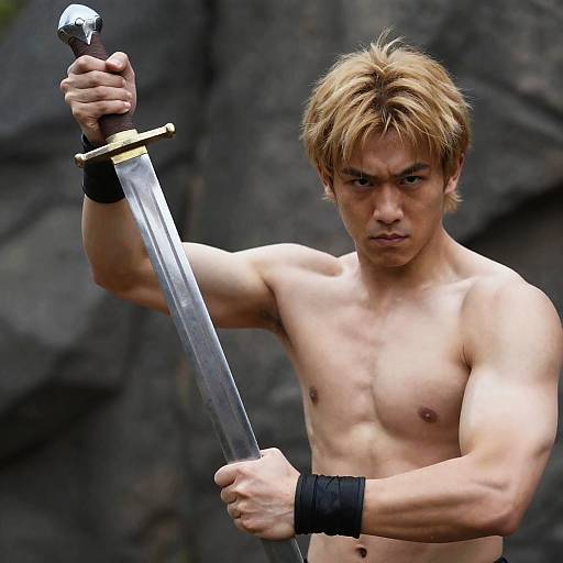 Blonde Warrior with Sword Against Rocks