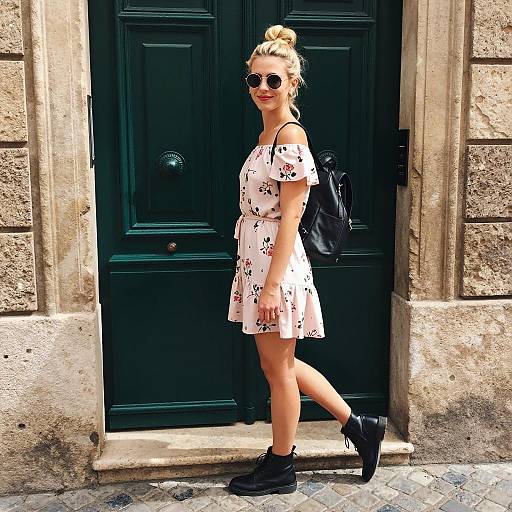 Blonde Woman in Floral Dress by Green Door