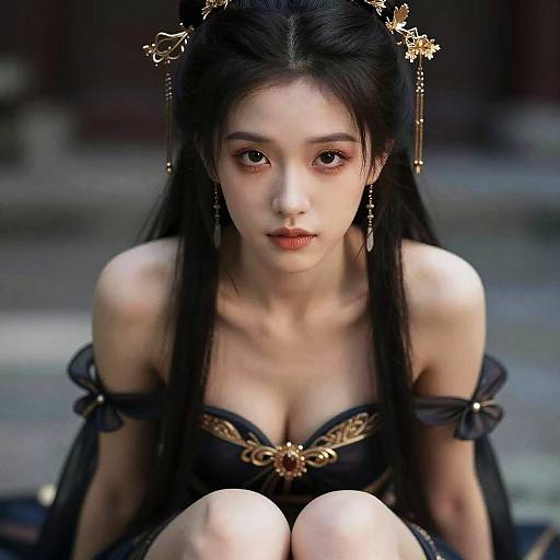 Digital artwork of an Asian woman with long black hair, wearing an ornate black and gold off-shoulder dress, sitting with knees together, looking