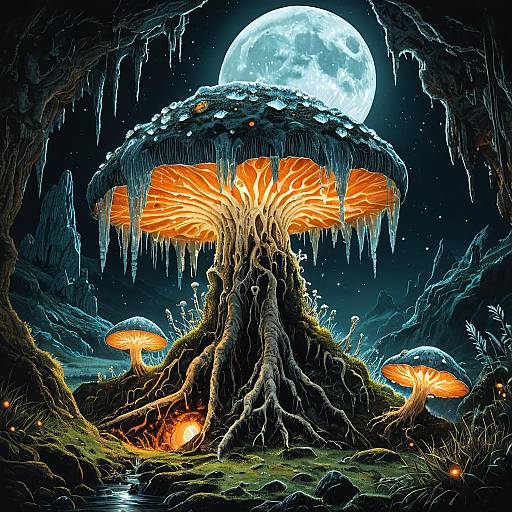 Giant Bioluminescent Crystal Fungi Under Full Moon