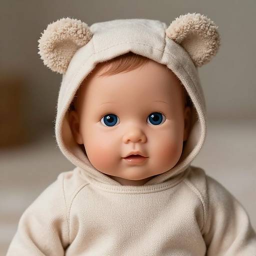 Photograph of a baby doll with blue eyes, wearing a beige hooded onesie with bear ears, against a blurred neutral background.