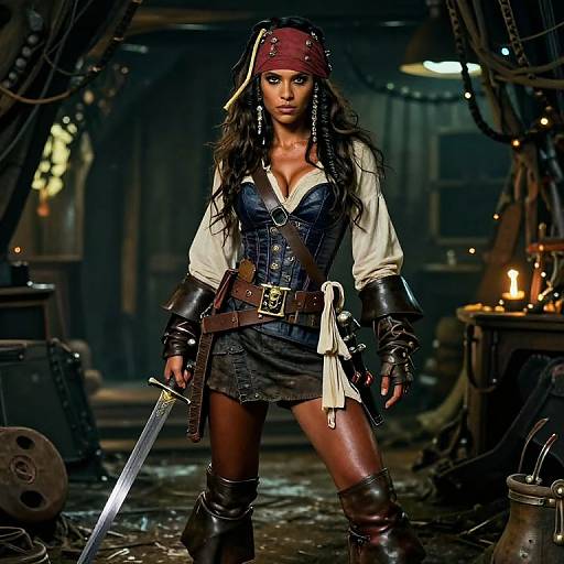 Photograph of a fierce, dark-haired pirate woman in a red bandana, white shirt, blue corset, black skirt, and leather boots,