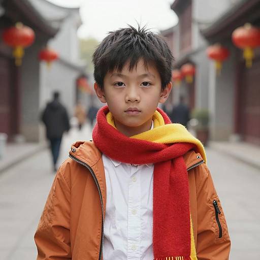 Asian Boy in Orange Jacket and Red Scarf on Traditional Street