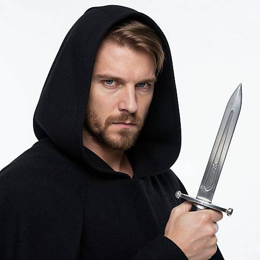 Photograph of a serious, bearded man with blue eyes, wearing a black hooded cloak, holding a silver dagger against a white background.