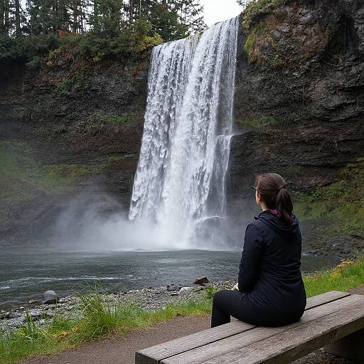 Photograph of a woman in a black jacket sitting on a wooden bench, watching a tall waterfall with mist rising, surrounded by rocky cliffs and greenery