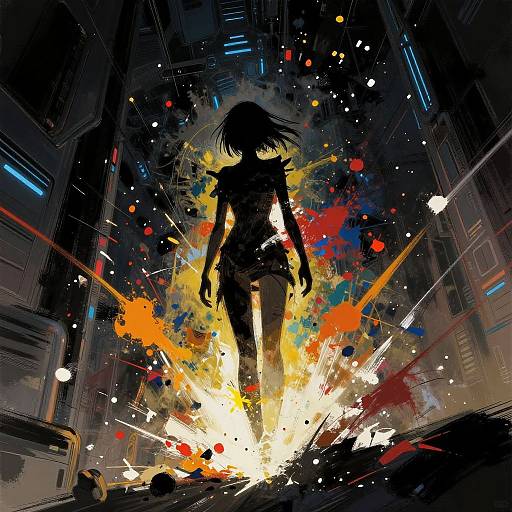 Digital anime-style artwork of a silhouetted girl with short hair, explosive burst of vibrant colors behind her, in a dark, futuristic cityscape