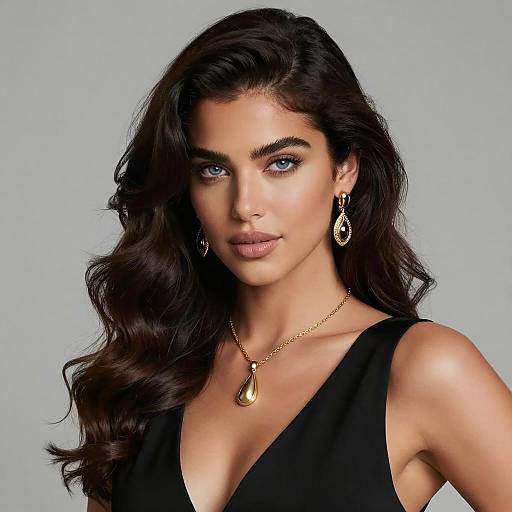 Elegant Woman with Wavy Hair and Gold Jewelry