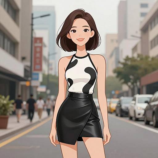 Digital anime-style drawing of a smiling woman with short brown hair, wearing a black-and-white halter top and black leather skirt, standing on a bustling