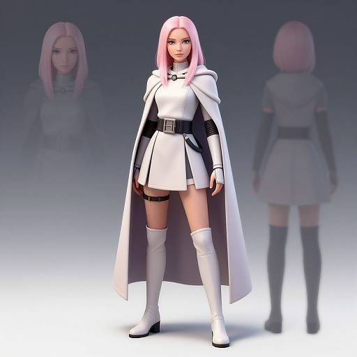 Digital 3D anime-style character with pink hair, white cape, white dress, black belt, thigh-high boots, and black gloves, standing against