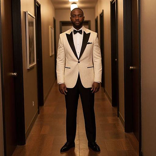 Photograph of a Black man standing in a dimly lit hallway, wearing a white tuxedo with black lapels and bowtie, black pants