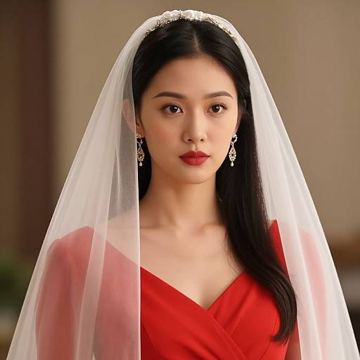 Photograph of an Asian woman with long black hair, wearing a red dress and white veil, with delicate earrings, looking directly at the camera.