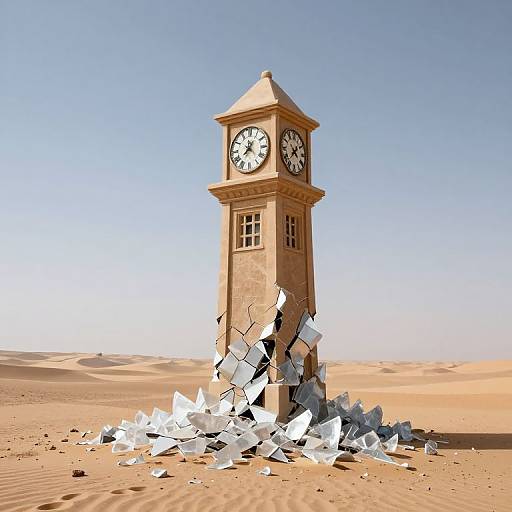 Digital illustration of a beige clock tower with shattered white clock faces, standing in a vast, sandy desert under a clear blue sky.