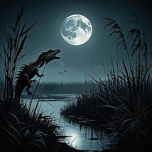 Mysterious Marshland with Basilisk at Night