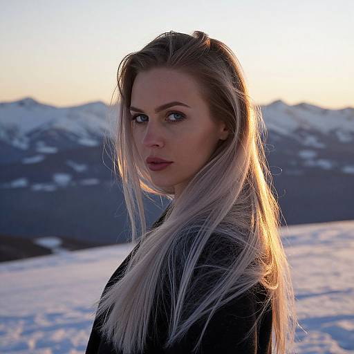 Photograph of a blonde woman with long hair, wearing a black coat, standing in a snowy mountain landscape at sunset.