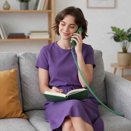Cheerful Woman on Couch with Phone