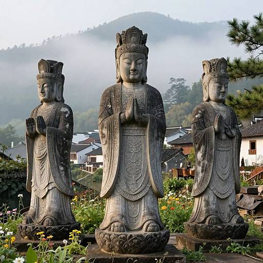 Photograph of three stone Buddhist statues with lotus-position hands, adorned in traditional robes, standing in a garden with flowers and traditional Korean houses in the