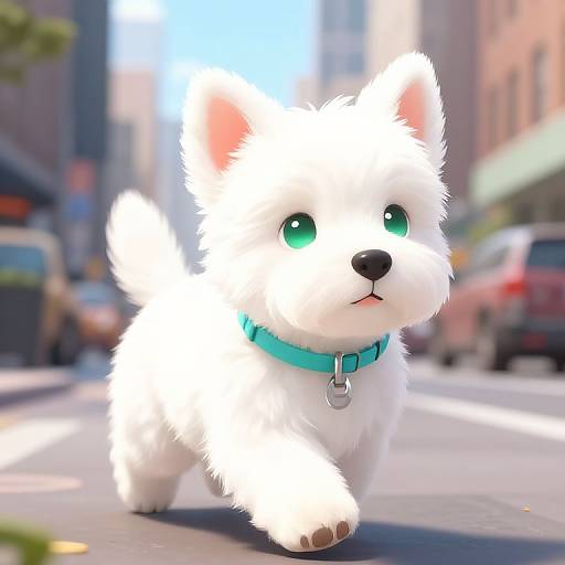 Digital illustration of a fluffy white puppy with bright green eyes, turquoise collar, and silver tag, walking on a sunlit urban street with blurred buildings and