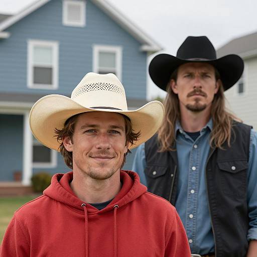 Two Men Wearing Cowboy Hats in Residential Neighborhood