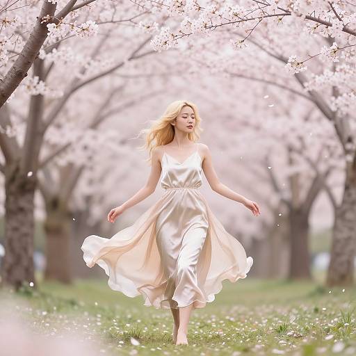 Photograph of a blonde woman in a flowing white dress, joyfully dancing under blooming cherry blossom trees with petals falling.