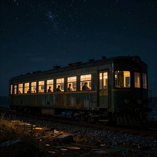 Photograph of an old, illuminated train at night with warm yellow lights inside, silhouetted against a starry dark blue sky.