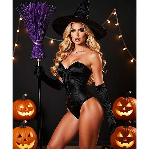 Photograph of a blonde woman in a black witch costume, holding a purple broom, standing in front of glowing jack-o'-lanterns.