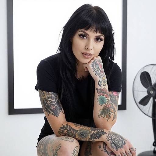 Tattooed Woman Sitting With Chin Rest