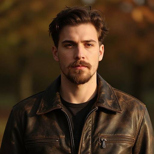 Photograph of a handsome, bearded man with dark brown hair, wearing a black leather jacket, and a black t-shirt, against a blurred autumn