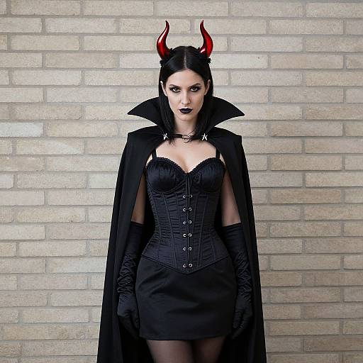 Photograph of a pale-skinned woman with black hair, red horns, black corset, skirt, gloves, and cape, standing against a beige
