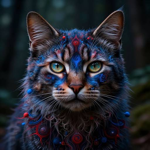 Photorealistic digital artwork of a blue and red patterned tabby cat with glowing green eyes, surrounded by dark, blurred forest background.