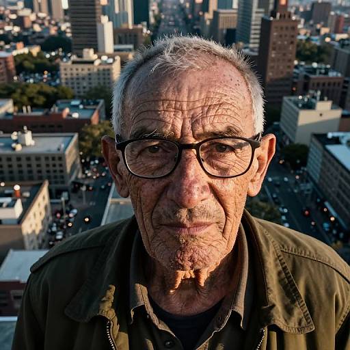 Photograph of an elderly man with white hair, glasses, wrinkles, and a mustache, standing in front of a cityscape at sunset.