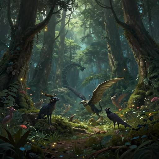 Digital fantasy artwork of a mystical forest with glowing fireflies, dark feathered creatures, and a winged beast amidst lush greenery.