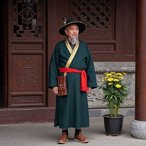 Photograph of an elderly Asian man with a black hat, long beard, black robe, yellow trim, red sash, and brown shoes, standing