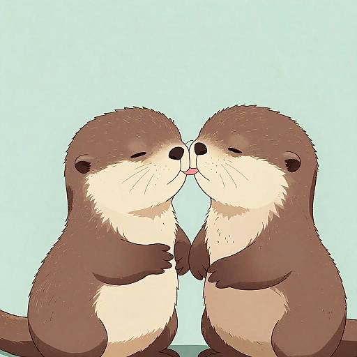Two brown and beige otters with closed eyes and small black noses kiss, their paws gently touching, against a light blue background. Digital illustration.