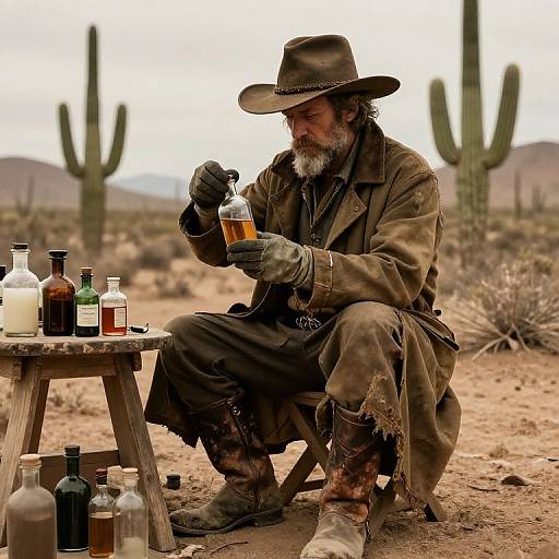 Photograph: Bearded man in brown cowboy hat and coat, crouching in desert, sipping whiskey from glass bottle, surrounded by various bottles