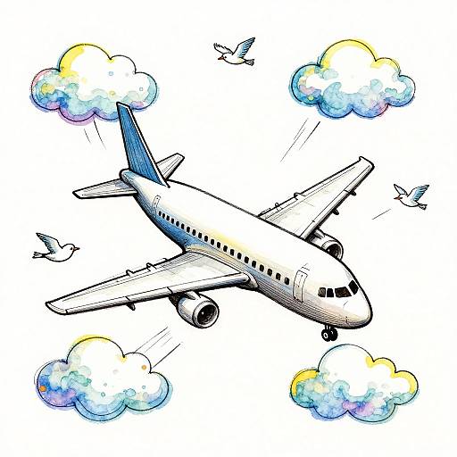 Colorful digital drawing of a white and blue commercial airplane flying through a sky with vibrant, rainbow-tinted clouds and small birds.