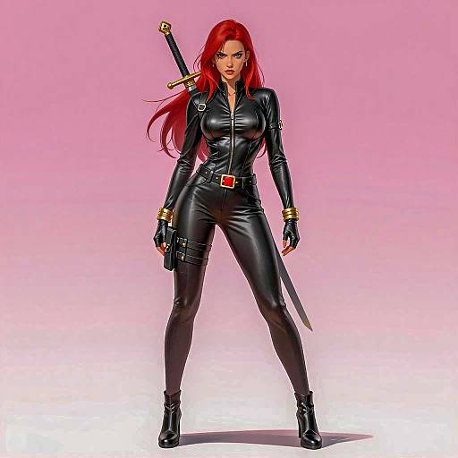 Red-Haired Warrior Woman in Black Leather Bodysuit
