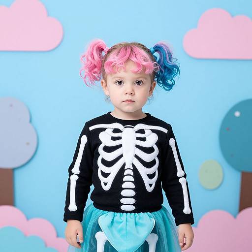 Photograph of a young girl with pink and blue pigtails, wearing a black skeleton shirt and turquoise skirt, against a pastel blue backdrop with