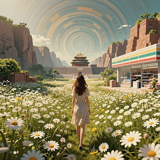 Digital art: Girl in floral dress stands in sunlit daisy field, facing ancient temple under glowing, circular sky, flanked by rocky cliffs and