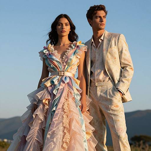Photograph of a stylish couple standing outdoors at sunset; woman in a pastel, ruffled, layered gown, man in a light, patterned